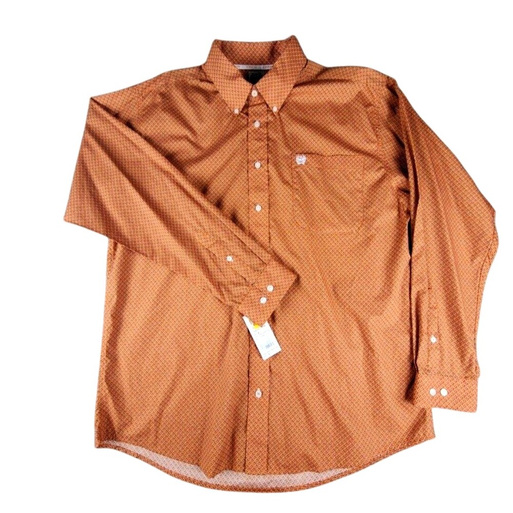 Cinch Shirt Mens Medium Orange Geometric Long Sleeve Button Up Western Casual